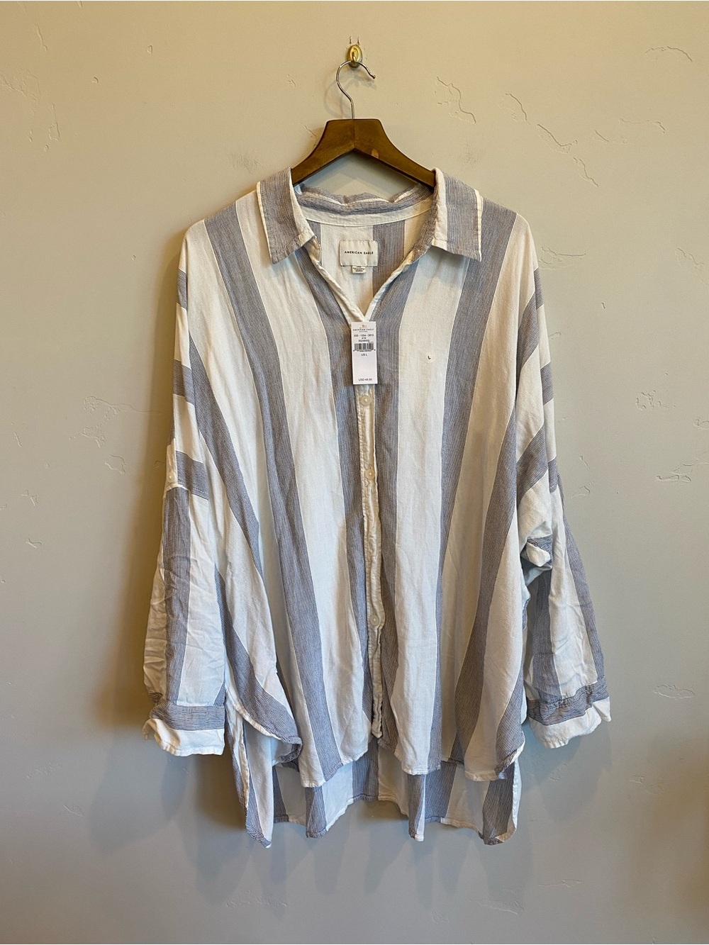 AMERICAN EAGLE Linen Blend Oversized Beach Button Up Striped Tunic - Picture 8 of 9